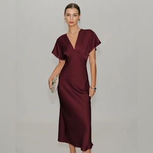 Wine Red Satin Cowl Sleeve Midi Dress